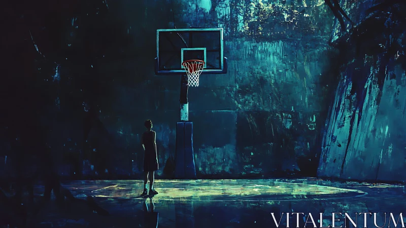 Quiet midnight court with a lone dreamer and glowing hoop.