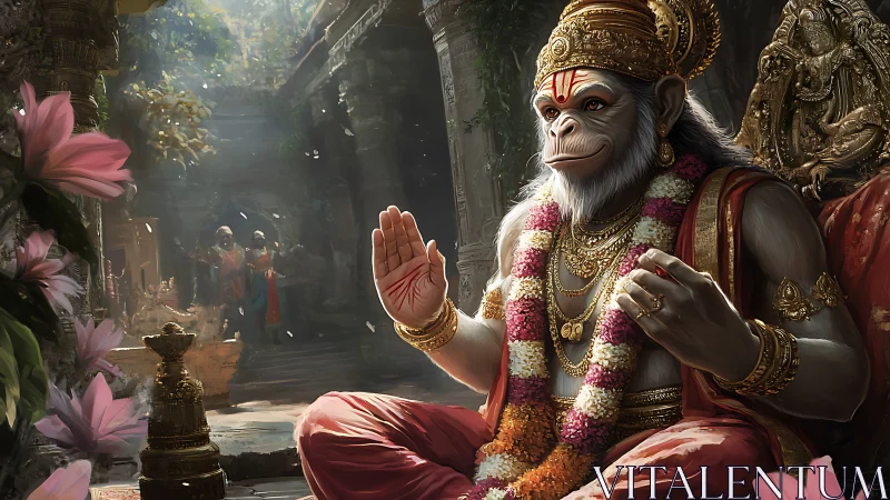 Divine monkey sage seated in ornate temple courtyard.