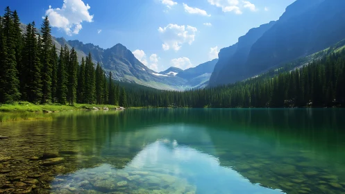Mountain lake with conifer forest and distant ridges at noon.