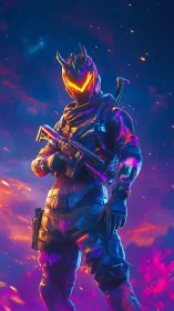 Neon inferno warrior pauses mid-battle beneath cosmic sparks