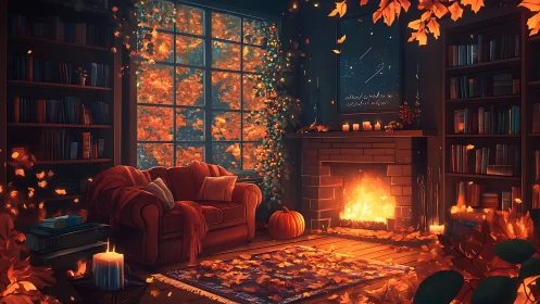 Autumn Library Fireplace. Magical Evening Sanctuary.
