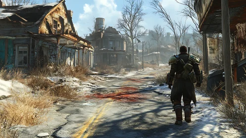 Armored wanderer stalks a blood-marked winter wasteland street