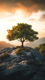 Lone hilltop tree basking in molten honey sunrise light.