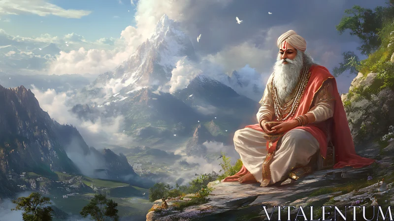 Peaceful mountain sage resting above sunlit valley.