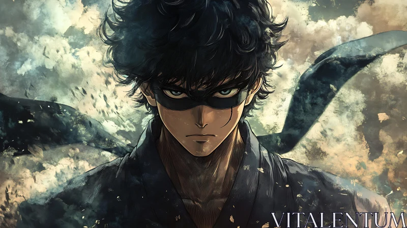 Storm-eyed masked hero in swirling painted shadows.