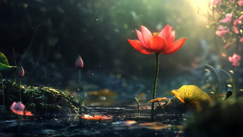 Luminous red lotus rising through misted forest pond light.