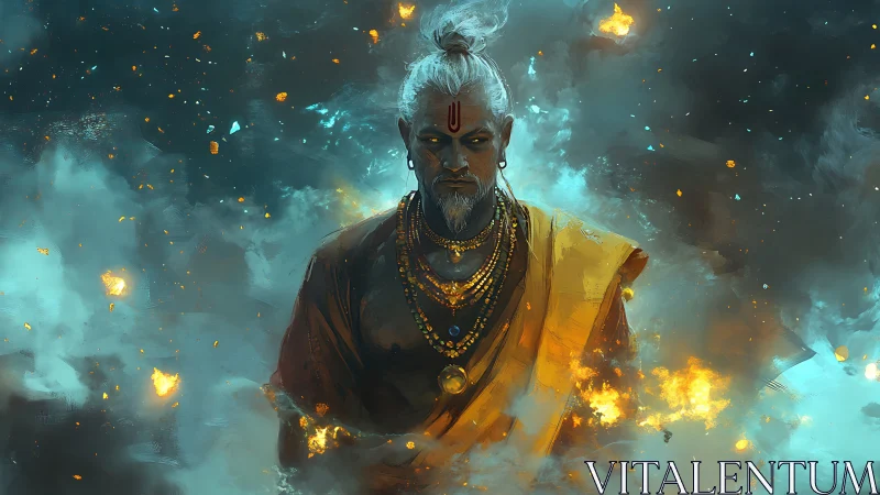 Mystic warrior monk stands in swirling embers and mist