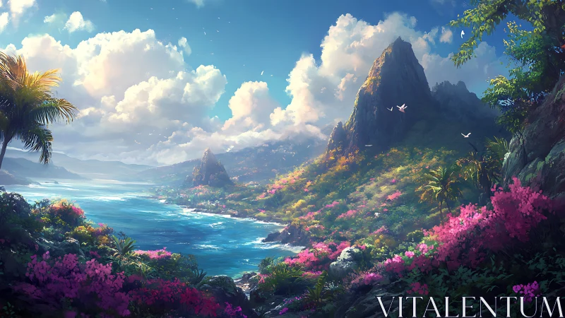 Tropical Landscape with Dramatic Cliffs and Blooming Flora.