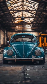 Teal vintage Beetle dreams under a rusted factory roof.