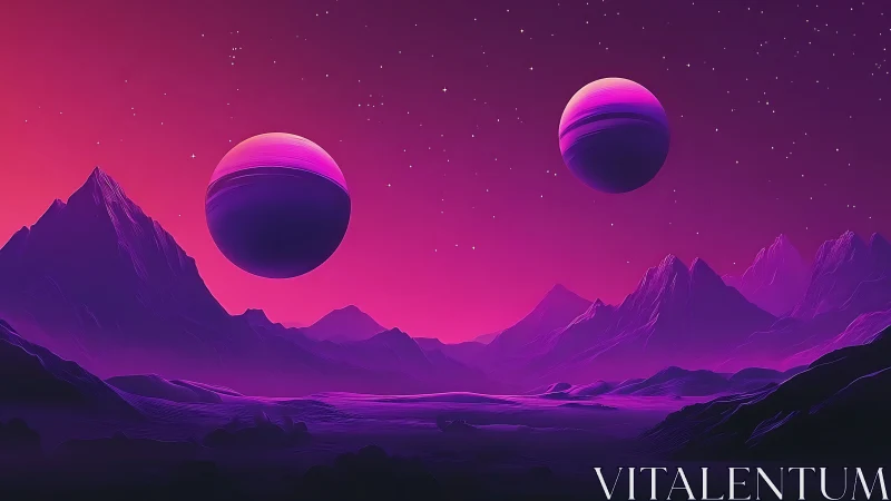 Twin violet planets hover above neon alien mountain valley