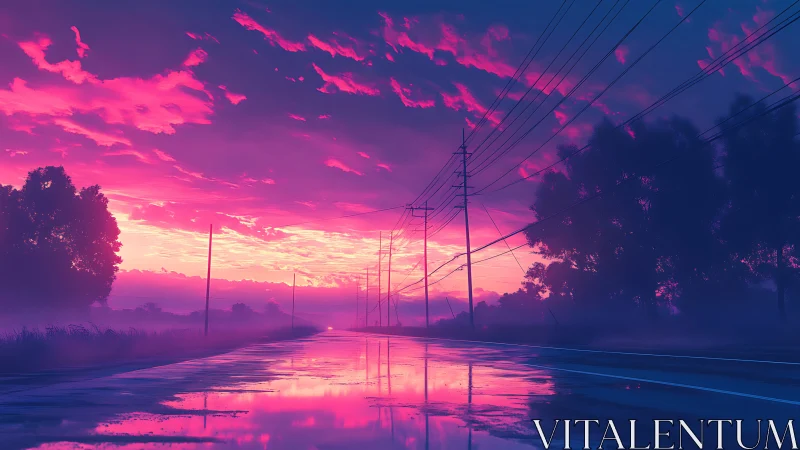 Neon dusk highway mirrored in rainwashed quiet pavement.