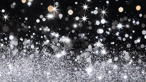 Silver glitter particles on dark background in bokeh field.