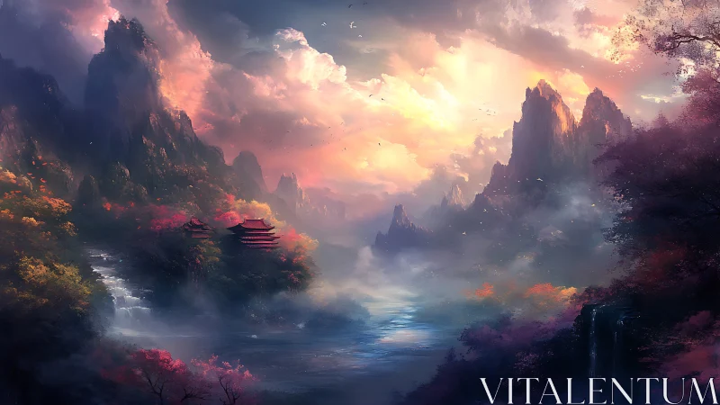 Fantasy mountain valley with misty river and temples at dawn.