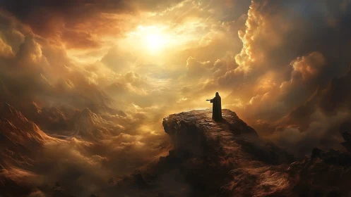 Solitary robed figure commands sunlit storm above cliffs