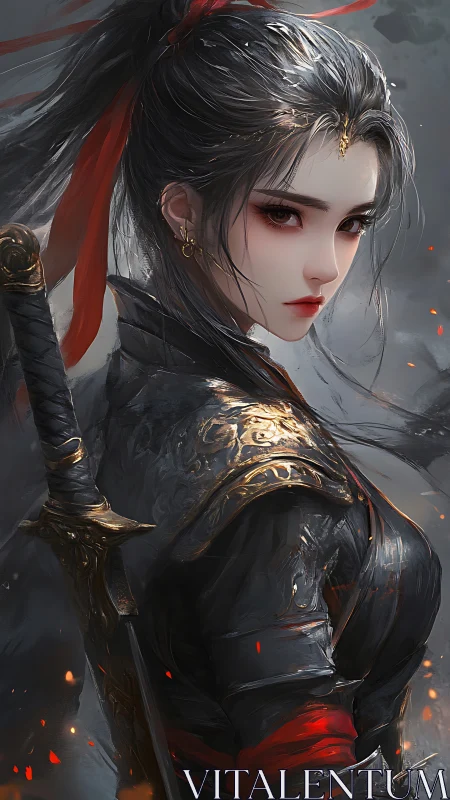 Silent ember warrior with crimson gaze and stormlit steel.