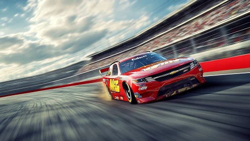 Red stock car on high-speed banked racing circuit turn.