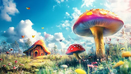 Bright mushroom cottages glow softly in a dreamy meadow