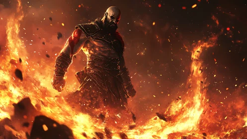 Warrior silhouette dominates infernal battlefield blaze.