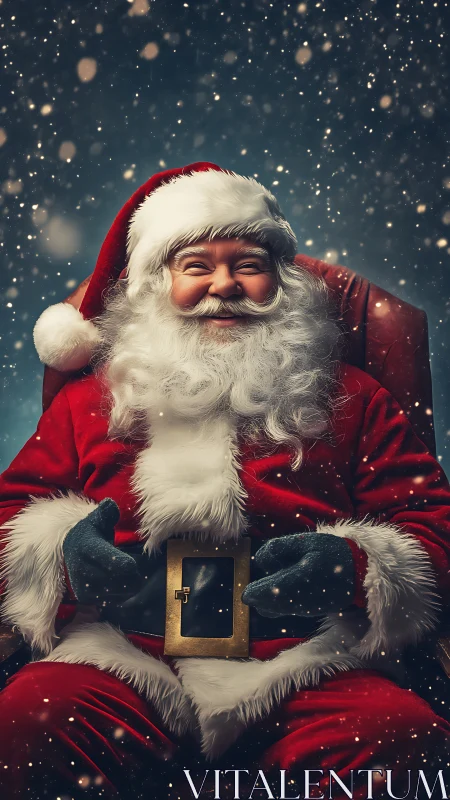 Smiling Santa Claus in red suit holding golden belt buckle.