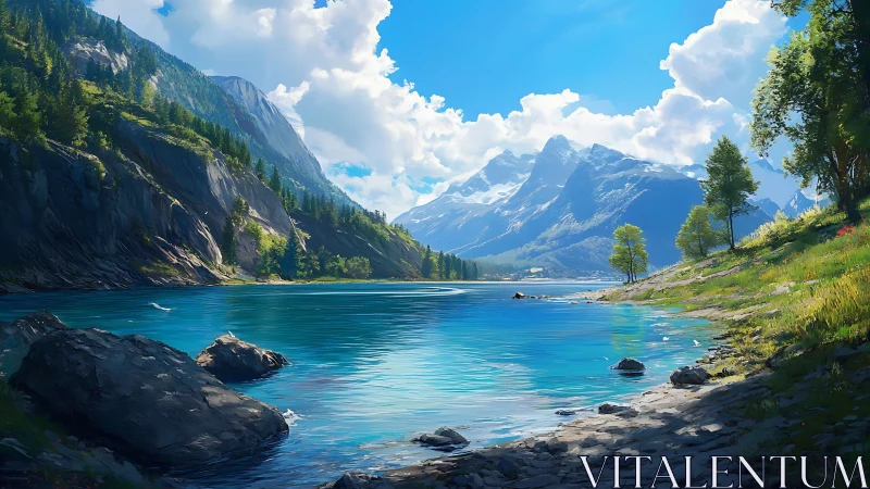 Mountain lake glows under crisp midday alpine light.