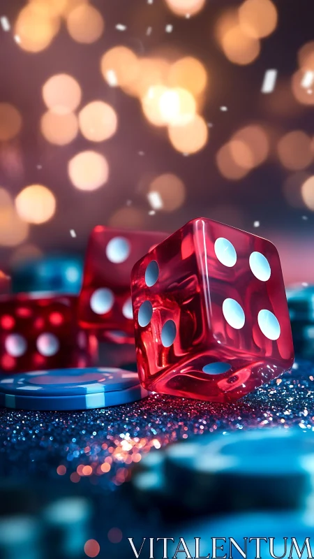 Translucent red casino dice with bokeh-lit chip field.