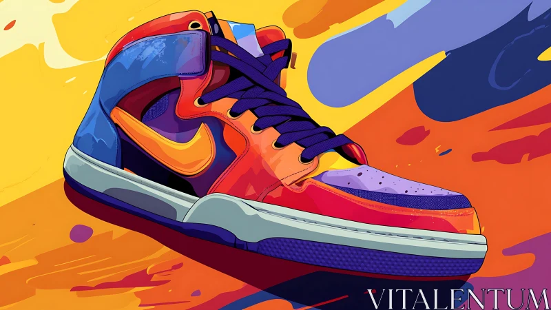 Color-splashed sneaker in motion across a painted sky.