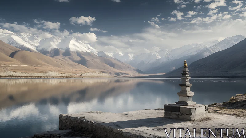 Snow peaks and stone shrine over still reflective lake.
