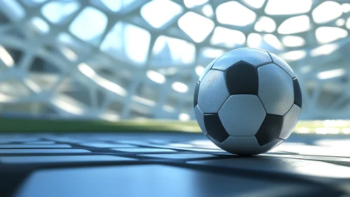 Sunlit soccer ball dreaming on a futuristic stadium floor.