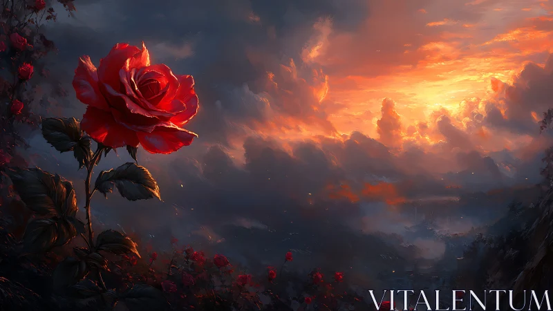 Red rose illuminated against dramatic sunset clouds
