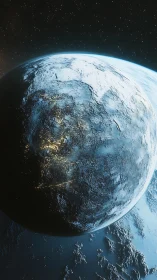 Icy exoplanet in deep space with luminous city clusters.