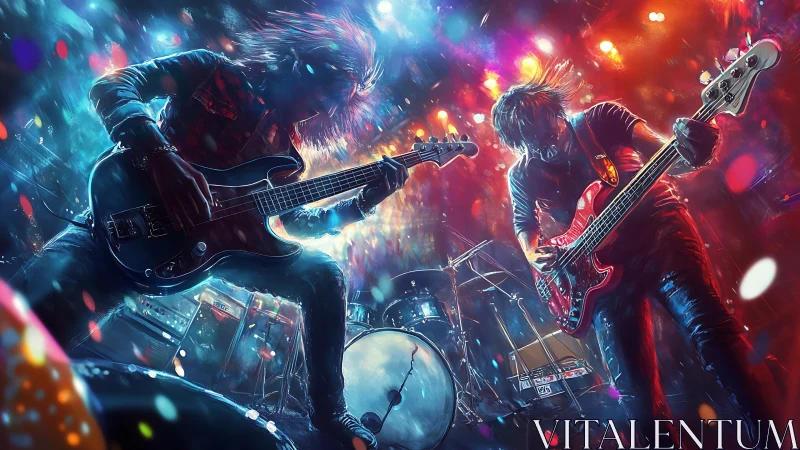 High-energy rock guitarists under saturated concert lighting