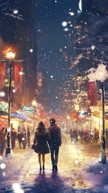 Couple strolls through snowy city street under warm lights.