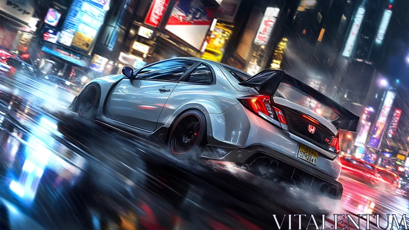 Midnight tuner rocket slicing neon rain in city streets.