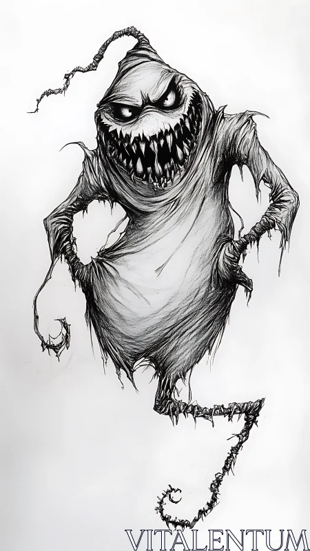 Monochrome sketch of tattered ghostlike creature figure.