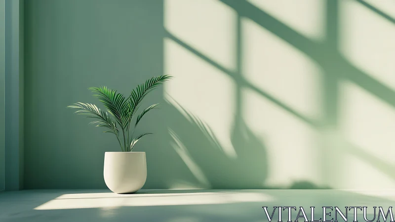 Minimalist potted palm in soft morning window light.