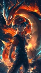 Trainer and dragon-like creature stand in swirling flames