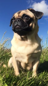 Sunny field pug soaking up blue skies and gentle breeze.