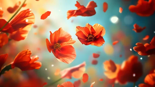 Red Cosmos Flowers Suspended in Dreamlike Atmosphere
