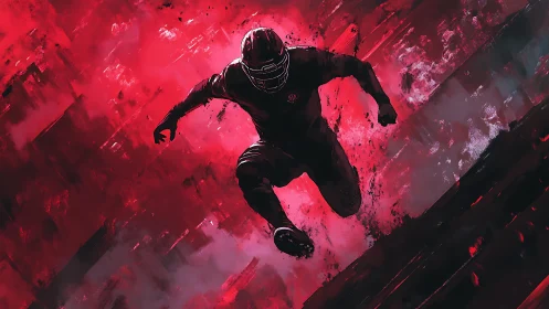 American football player in midair against red abstract field.