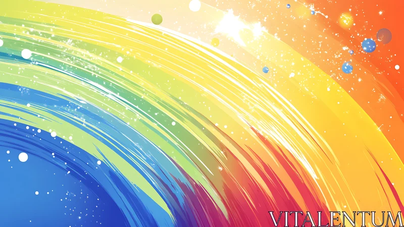 Curved multicolor streaks across blue to orange gradient.