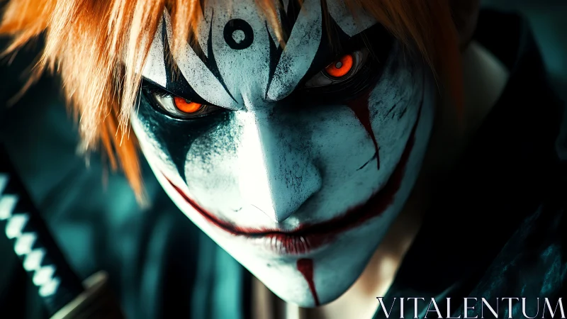 Demon-eyed swordsman grins beneath hollow warpaint mask.