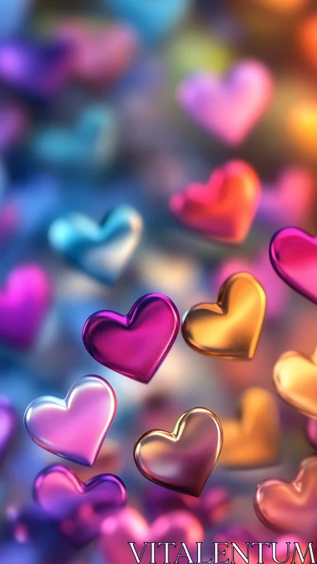 Glossy 3D Hearts in Vibrant Color Blur.