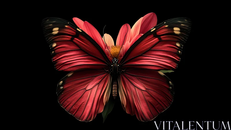 Morphological fusion of crimson butterfly wings and floral core.