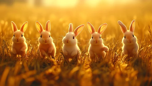 Five golden rabbits standing in sunlit field at sunset.
