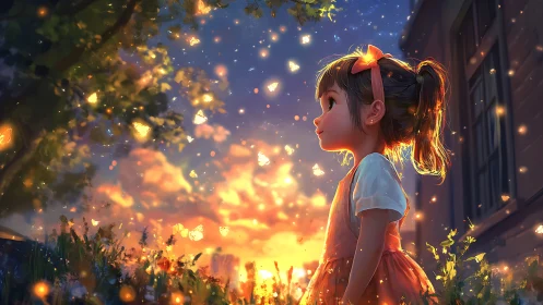 Girl watches glowing butterflies under vivid sunset sky.