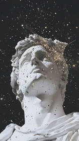 Neoclassical bust disintegrating in cosmic particle field.