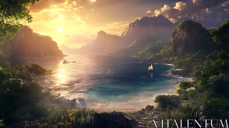 Golden Hour Fjord with Sailboat in Tropical Paradise