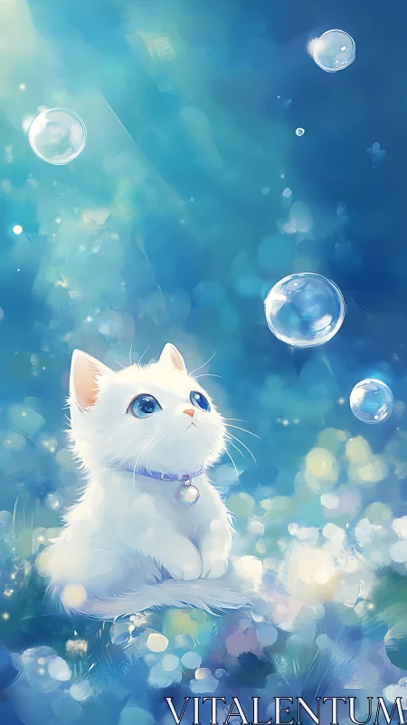 A White Kitten's Magical Moment Among Shimmering Bubbles.