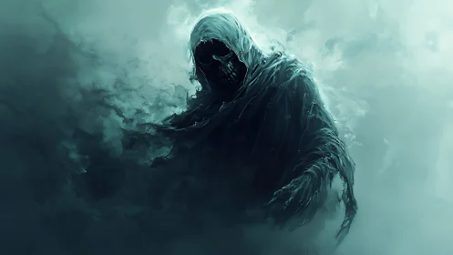 Hooded skeletal wraith emerges from swirling teal mist