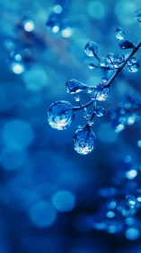 Droplets hang like tiny crystal lanterns in electric blue twilight